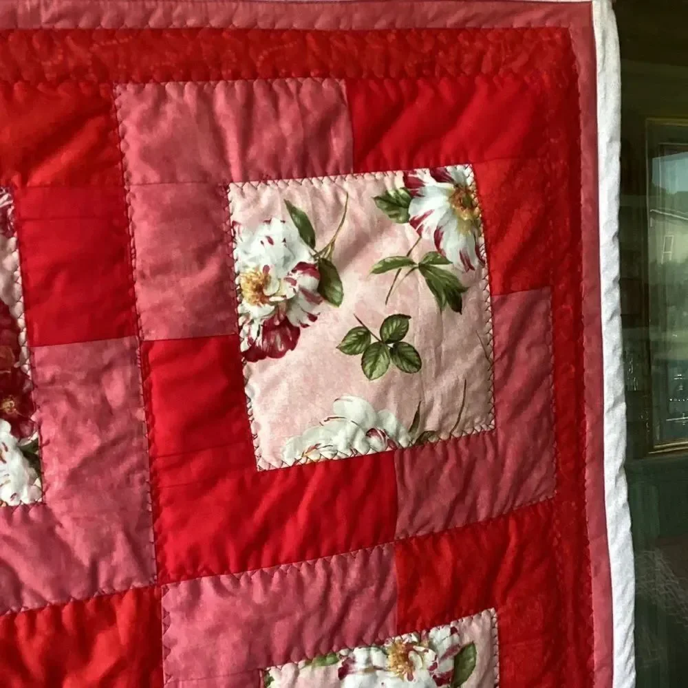 NWT. Floral Red and Pink Peonies Hand Crafted Quilt